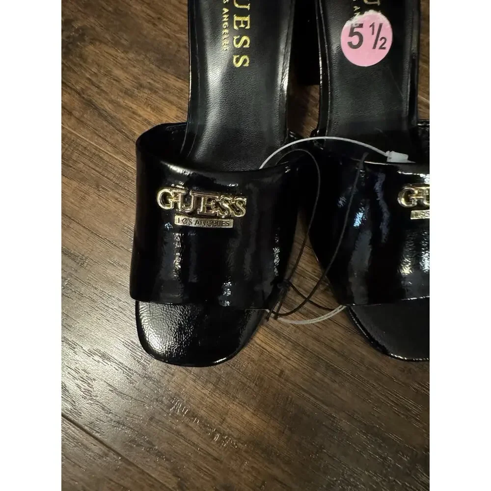 Guess Logo Black Shiny Mules Slip On Block Heels Open Toe Square Sz:5.5